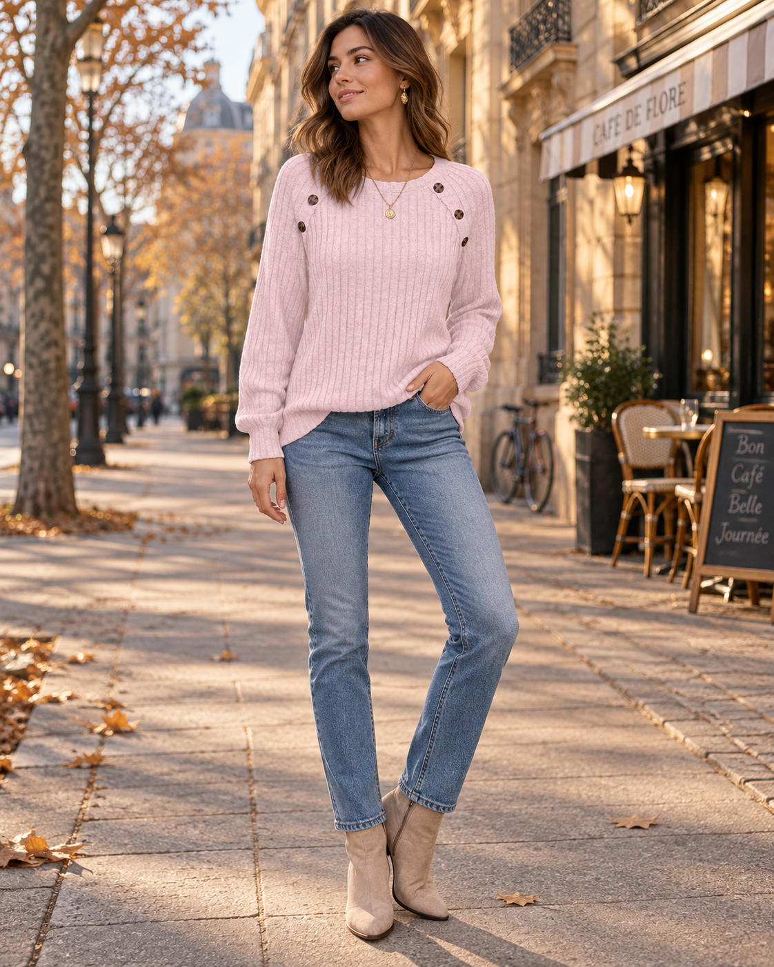 Ariana Women's Ribbed Long Sleeve Knit Top – Crew Neck Button Detail Casual Shirt