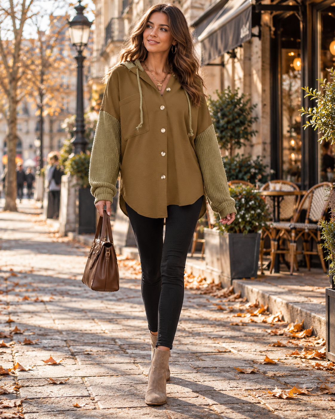 Xandra Women's Oversized Button Hooded Sweatshirt with Knit Sleeves and Loose Fit