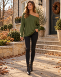 Kaia Women's Oversized Off-Shoulder Top – Asymmetric Long Sleeve Casual Shirt