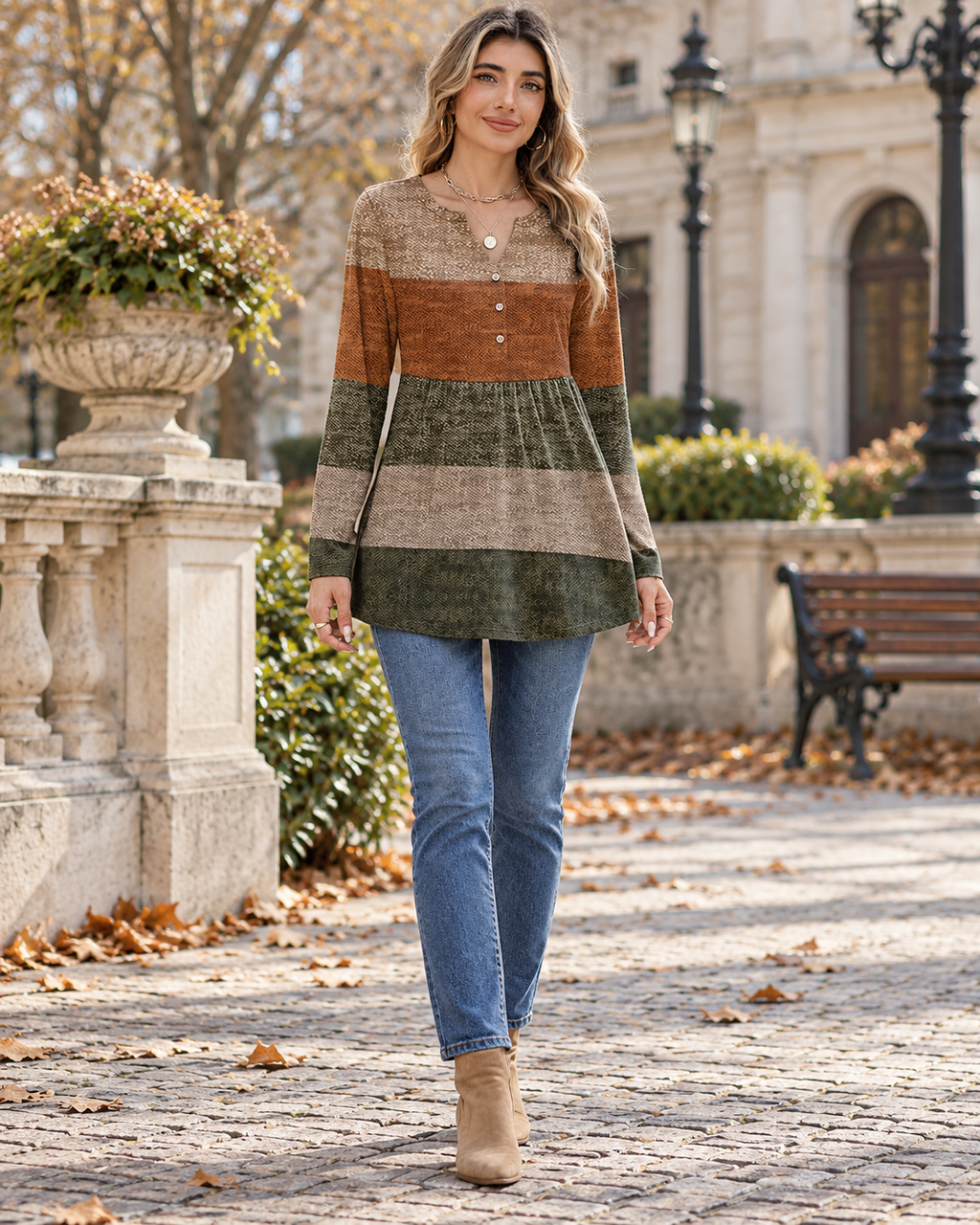 Gianna Women's Long Sleeve V-Neck Henley Tunic Top with Pleated Colorblock Design