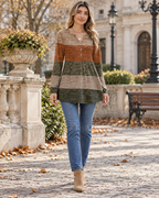 Gianna Women's Long Sleeve V-Neck Henley Tunic Top with Pleated Colorblock Design