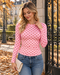 Camille Women’s Polka Dot Long Sleeve Crew Neck Slim Fit Top with Stretch
