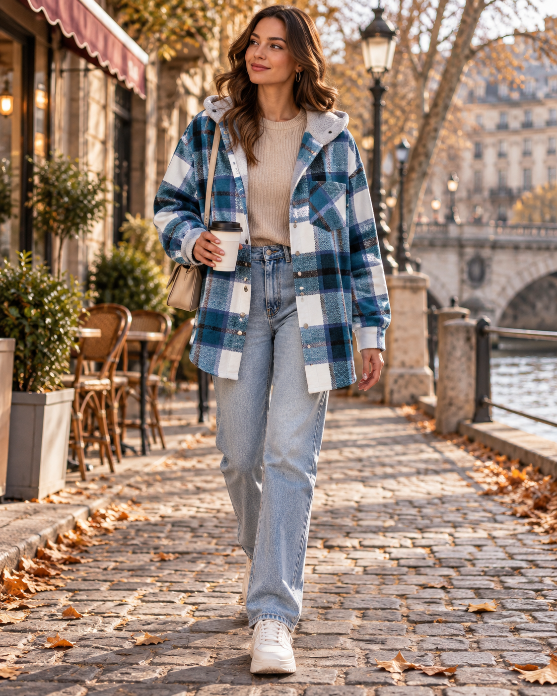 Yana Women's Oversized Plaid Hooded Flannel Shacket with Button Front and Chest Pocket