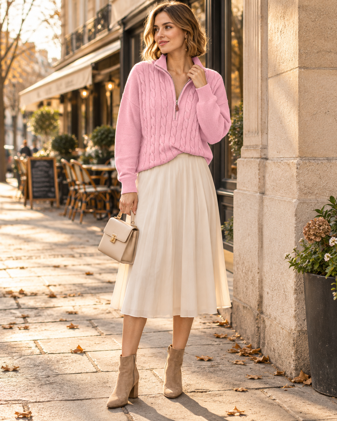 Alyssa Cable Knit Quarter Zip Sweater – Relaxed Long Sleeve Pullover