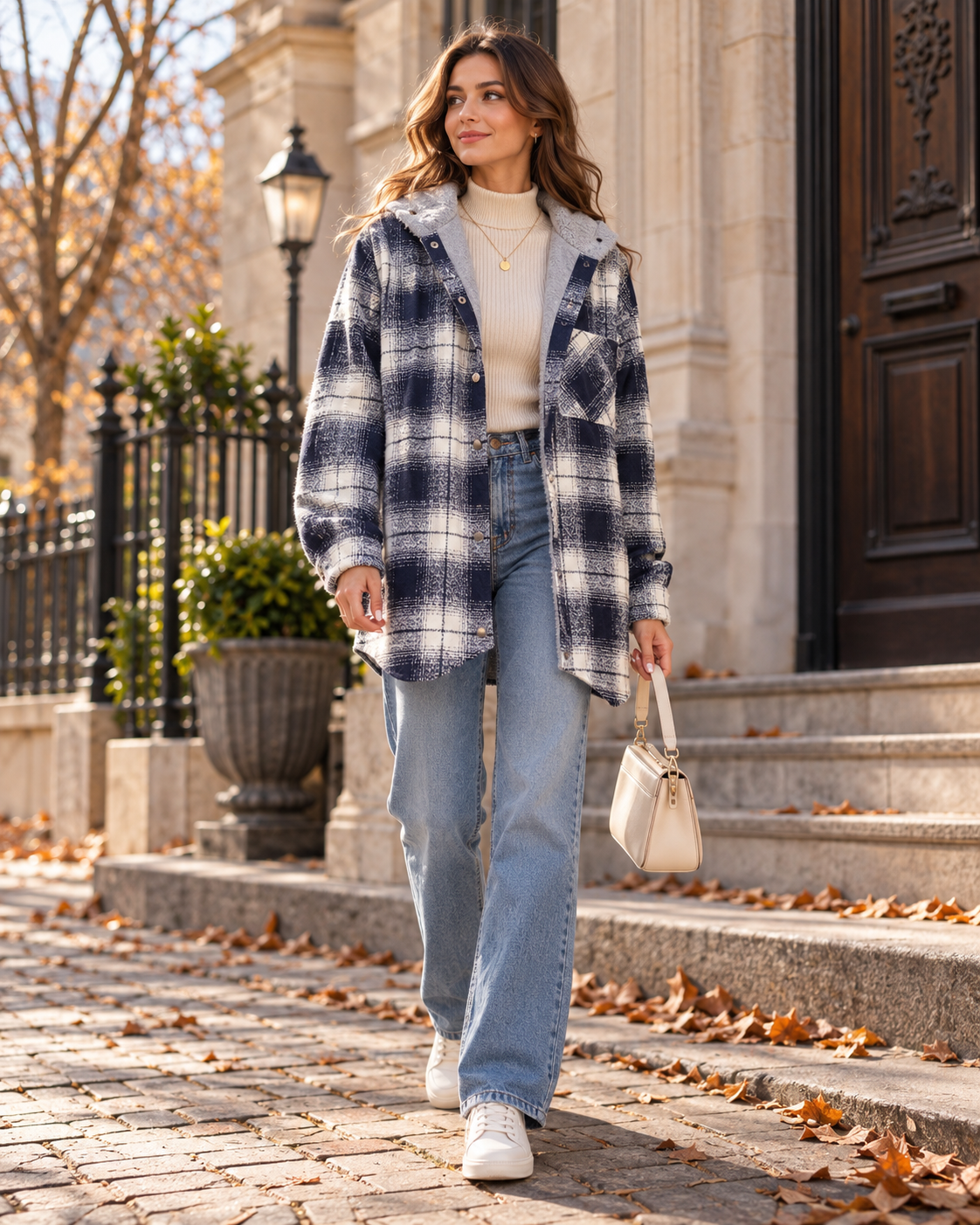 Yana Women's Oversized Plaid Hooded Flannel Shacket with Button Front and Chest Pocket