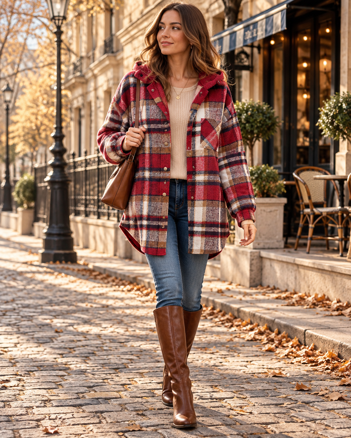 Yana Women's Oversized Plaid Hooded Flannel Shacket with Button Front and Chest Pocket