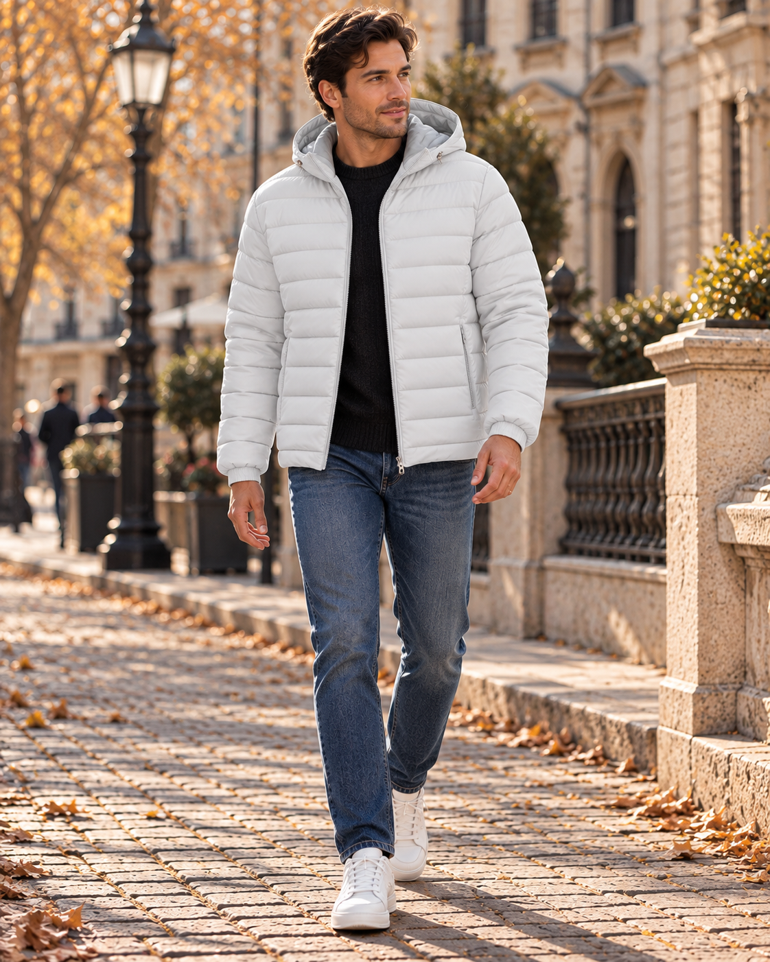 Zandro Men's Lightweight Hooded Puffer Jacket with Quilted Lining and Zip Pockets