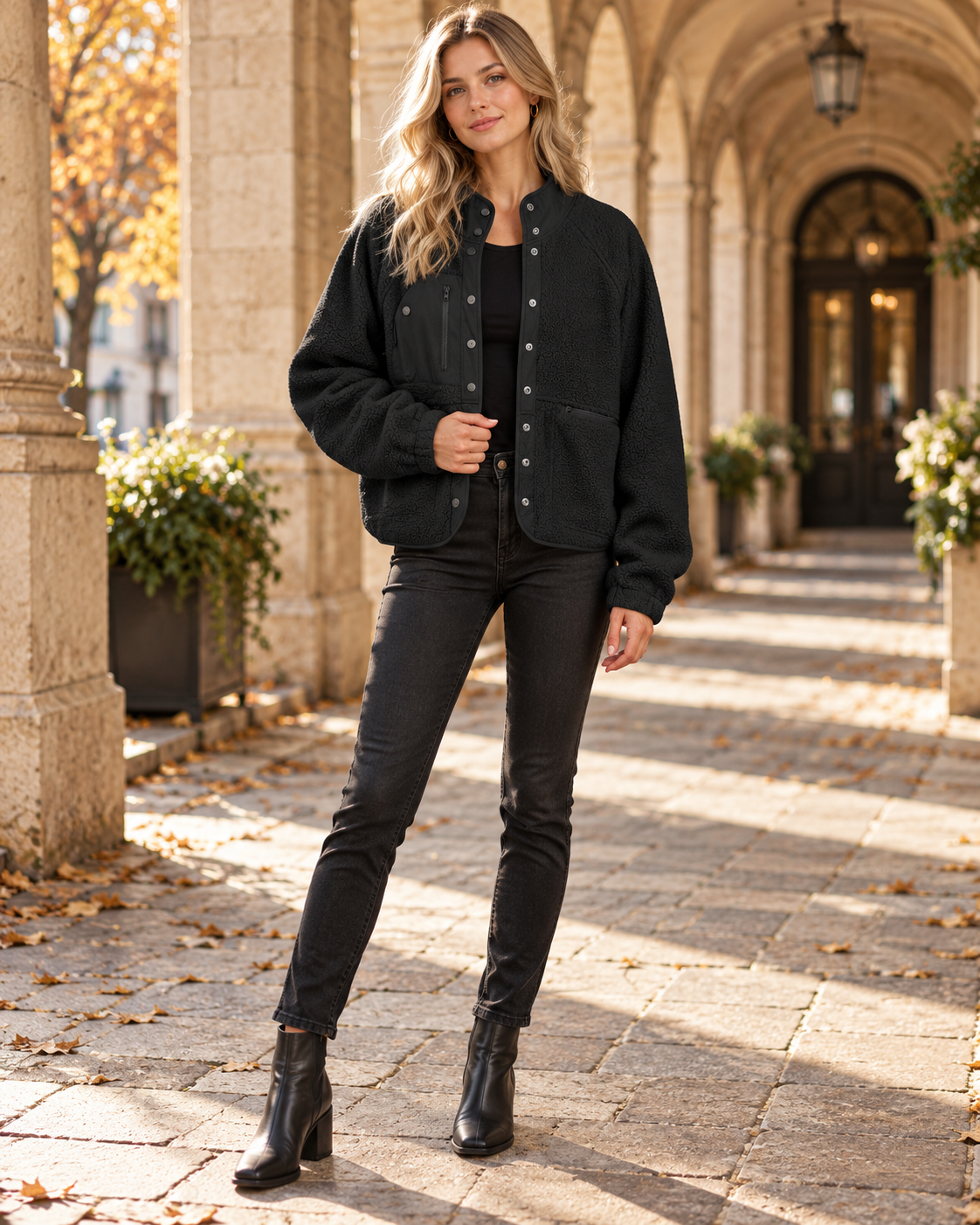 Jasmine Fuzzy Sherpa Jacket – Button Front Short Fleece Coat with Pockets