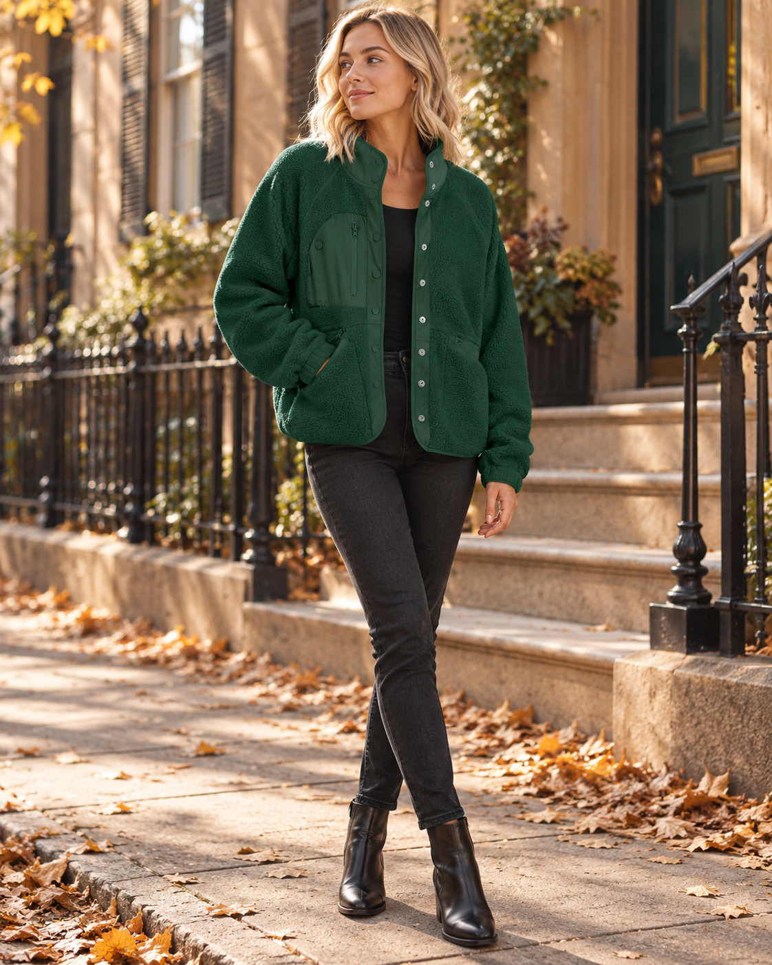 Jasmine Fuzzy Sherpa Jacket – Button Front Short Fleece Coat with Pockets