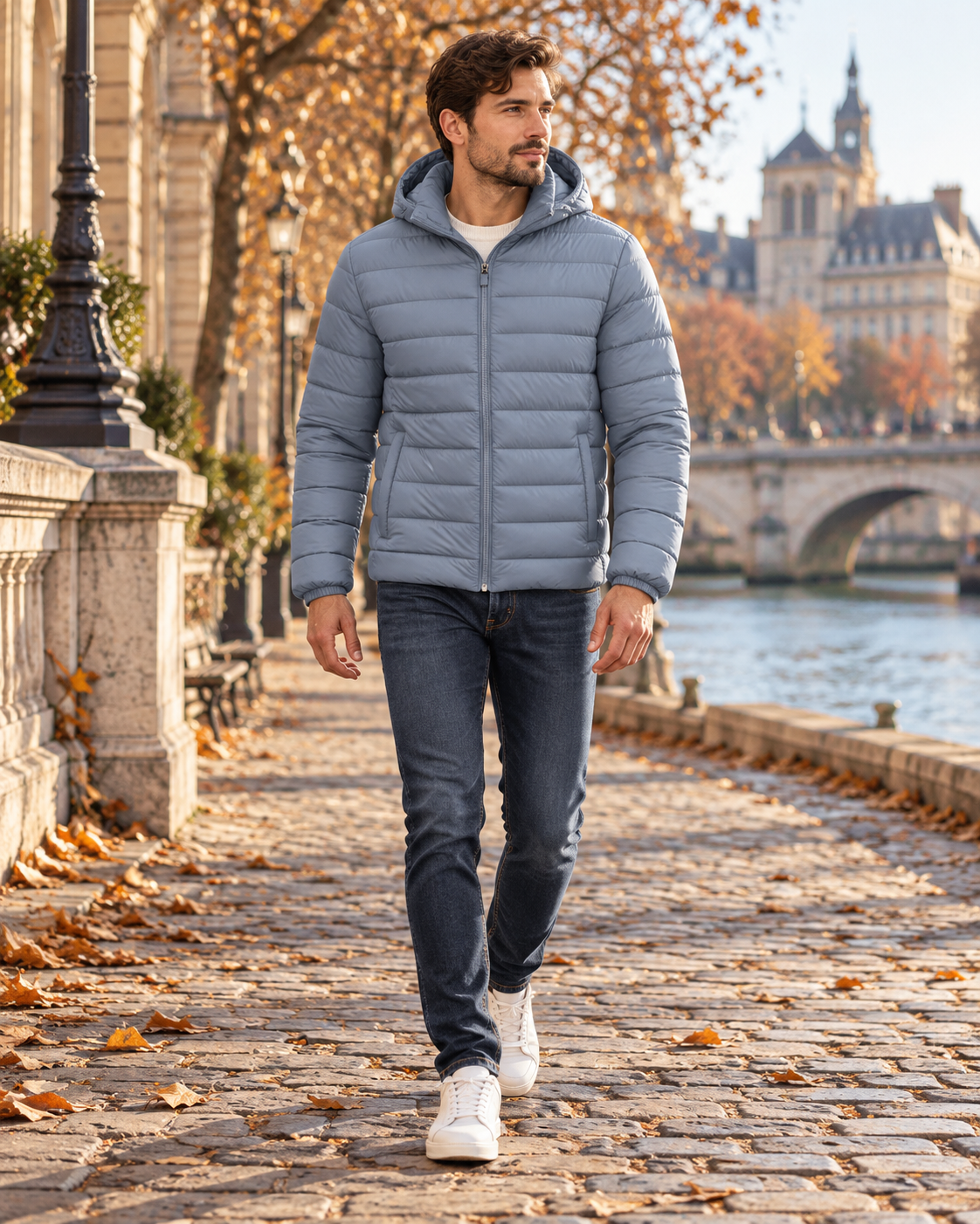 Zandro Men's Lightweight Hooded Puffer Jacket with Quilted Lining and Zip Pockets
