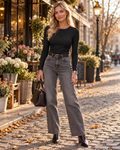 Giselle Women's Ribbed Long-Sleeve Top – Slim-Fit Crew-Neck Stretch Shirt