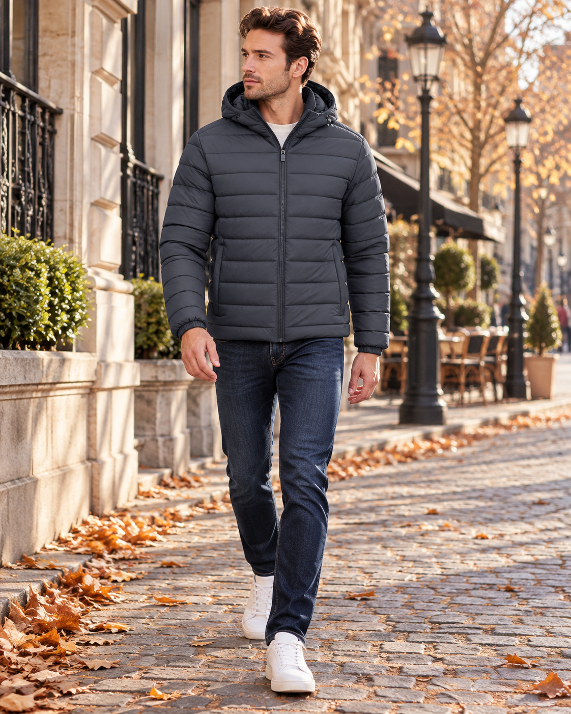 Zandro Men's Lightweight Hooded Puffer Jacket with Quilted Lining and Zip Pockets