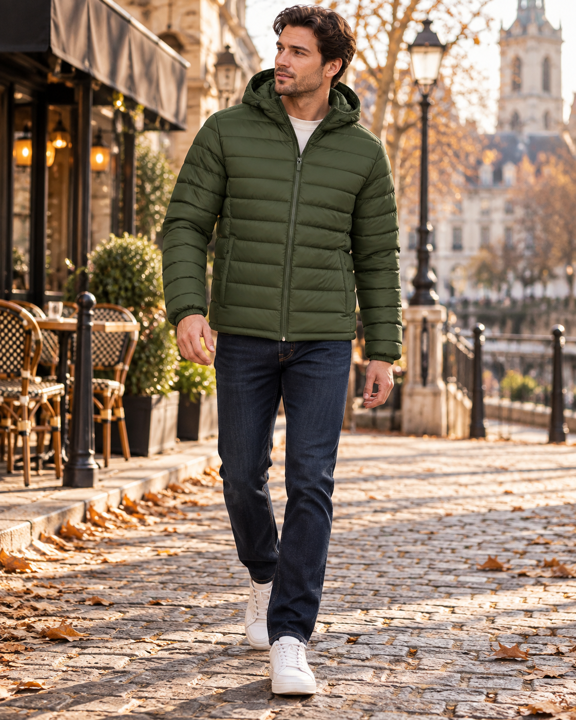 Zandro Men's Lightweight Hooded Puffer Jacket with Quilted Lining and Zip Pockets