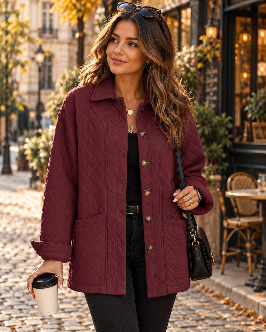 Faith Women’s Diamond Quilted Long Jacket with Button Front, Collar and Pockets