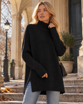 Celine Women's Oversized Turtleneck Knit Sweater – Long Sleeve High-Low Tunic Pullover
