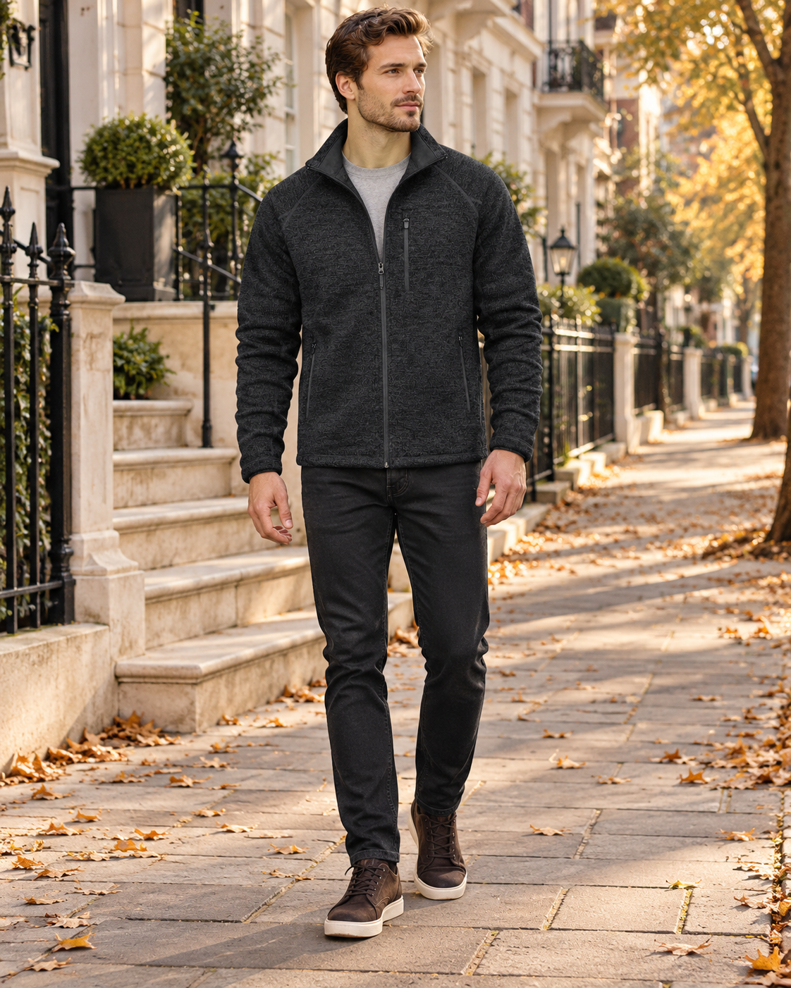 Crisanto Men's Fleece Jacket – Lightweight Full Zip Stand Collar Casual Coat