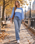 Queenie Women's Oversized Color Block Long Sleeve Crew Neck Casual Tunic Shirt Top