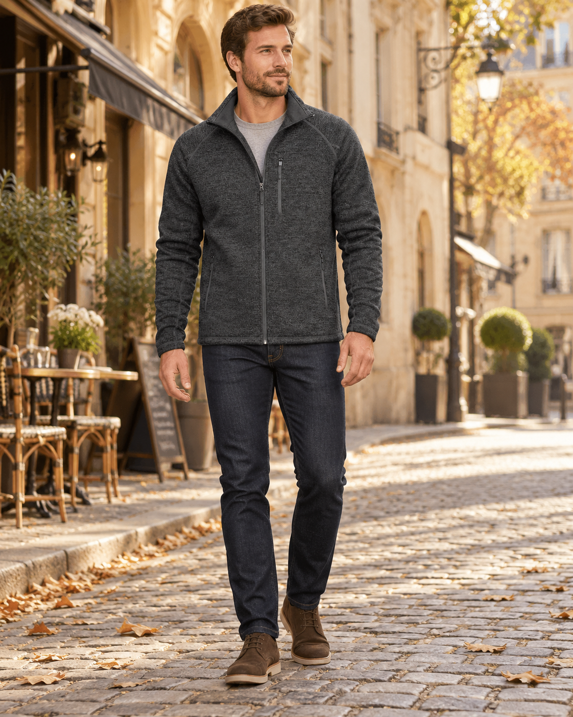 Crisanto Men's Fleece Jacket – Lightweight Full Zip Stand Collar Casual Coat