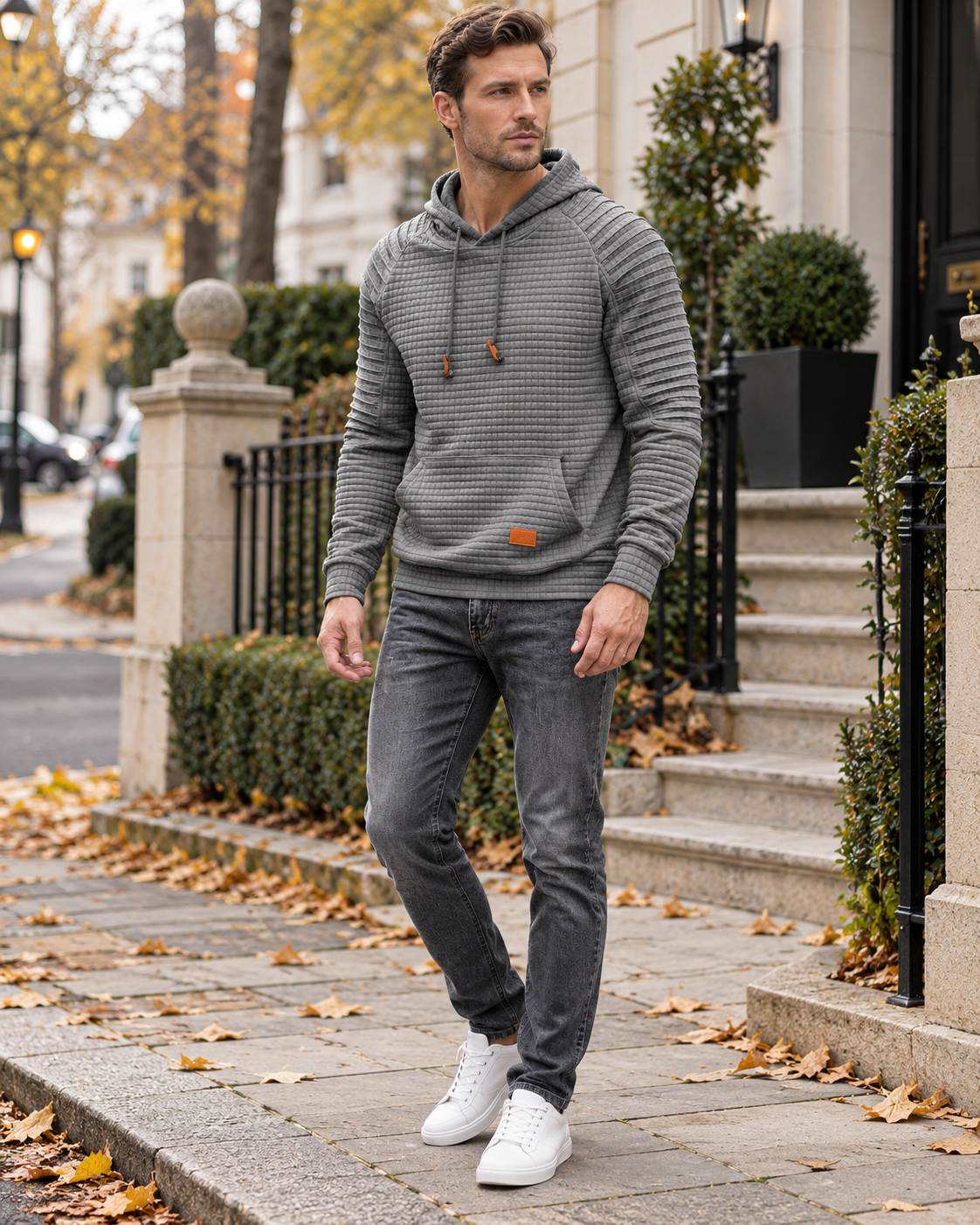 Harvey Men’s Textured Pullover Hoodie with Drawstring Hood and Kangaroo Pocket