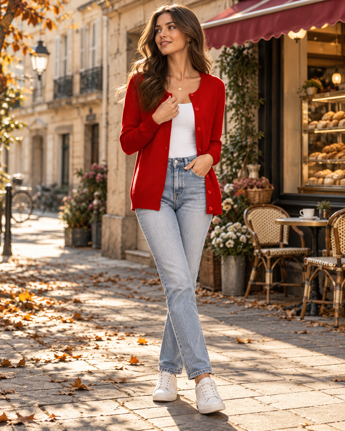Isadora Button-Front Crew Neck Slim Fit Knit Cardigan with Long Sleeves