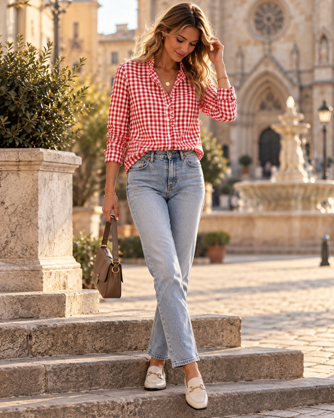 Liora Gingham Ruffle Shirt – Long-Sleeve Button-Front Collared Checkered Top