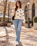 Celine Women's Cropped Crewneck Knit Sweater with Bow Print and Ribbed Trim