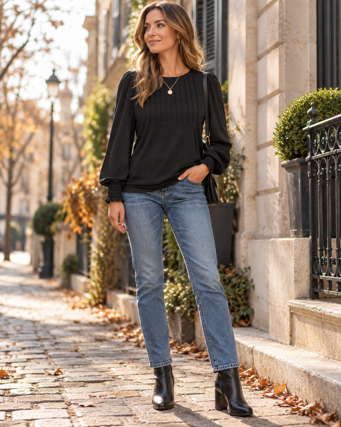 Paloma Women's Pleated Long Sleeve Blouse – Relaxed Crew Neck Business Casual Top