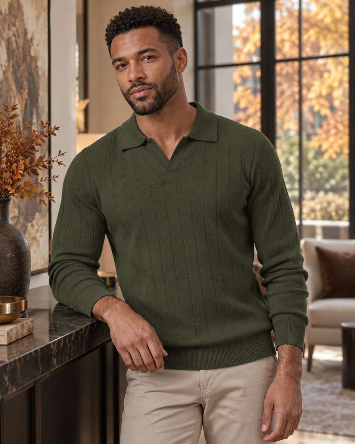 Rafael Men's Ribbed Knit Polo Sweater – Long Sleeve Open Collar Smart Casual Pullover