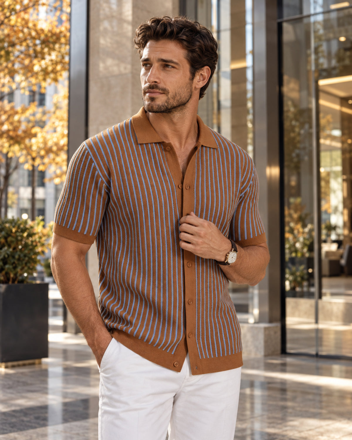 Mateo Men's Striped Knit Polo Shirt – Short Sleeve Button-Down Summer Casual Shirt