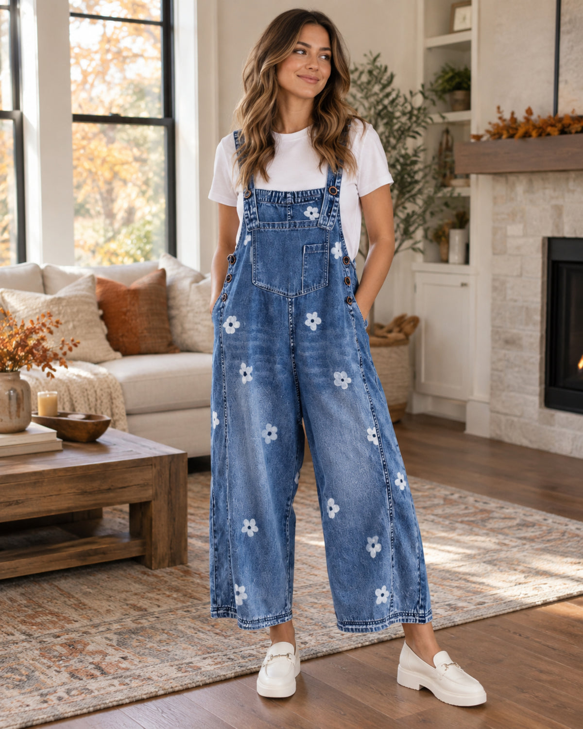 Elara Floral Denim Overalls – Wide Leg Jumpsuit with Adjustable Straps & Pockets