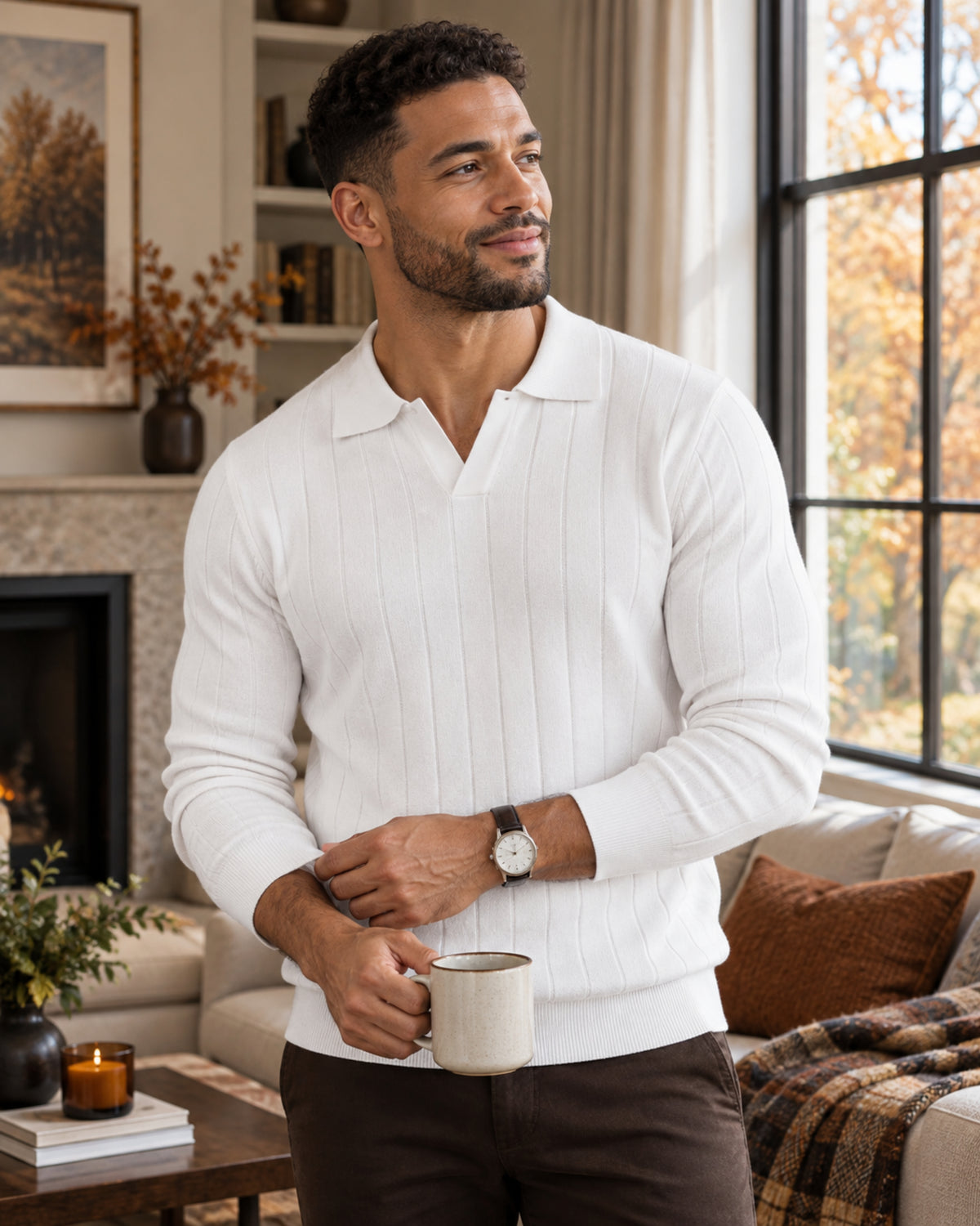 Rafael Men's Ribbed Knit Polo Sweater – Long Sleeve Open Collar Smart Casual Pullover