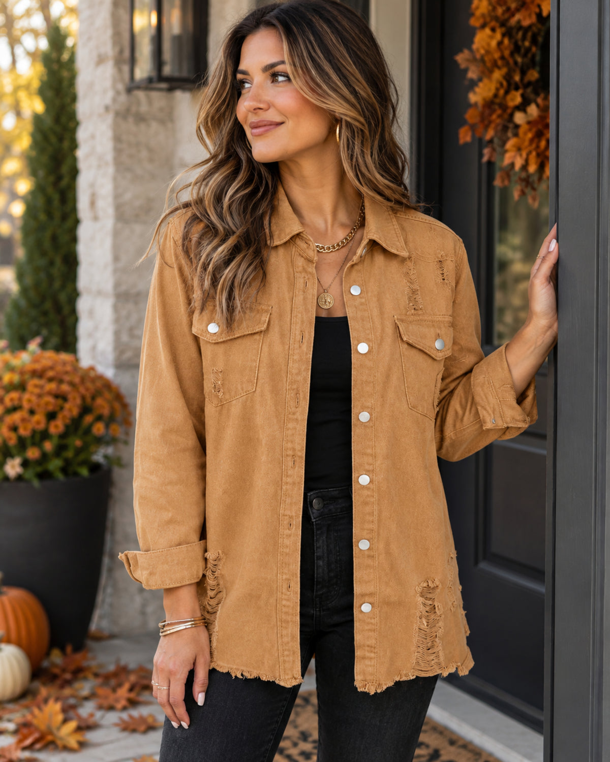 Gianna Oversized Distressed Denim Jacket – Long Sleeve Button Front Boyfriend Fit