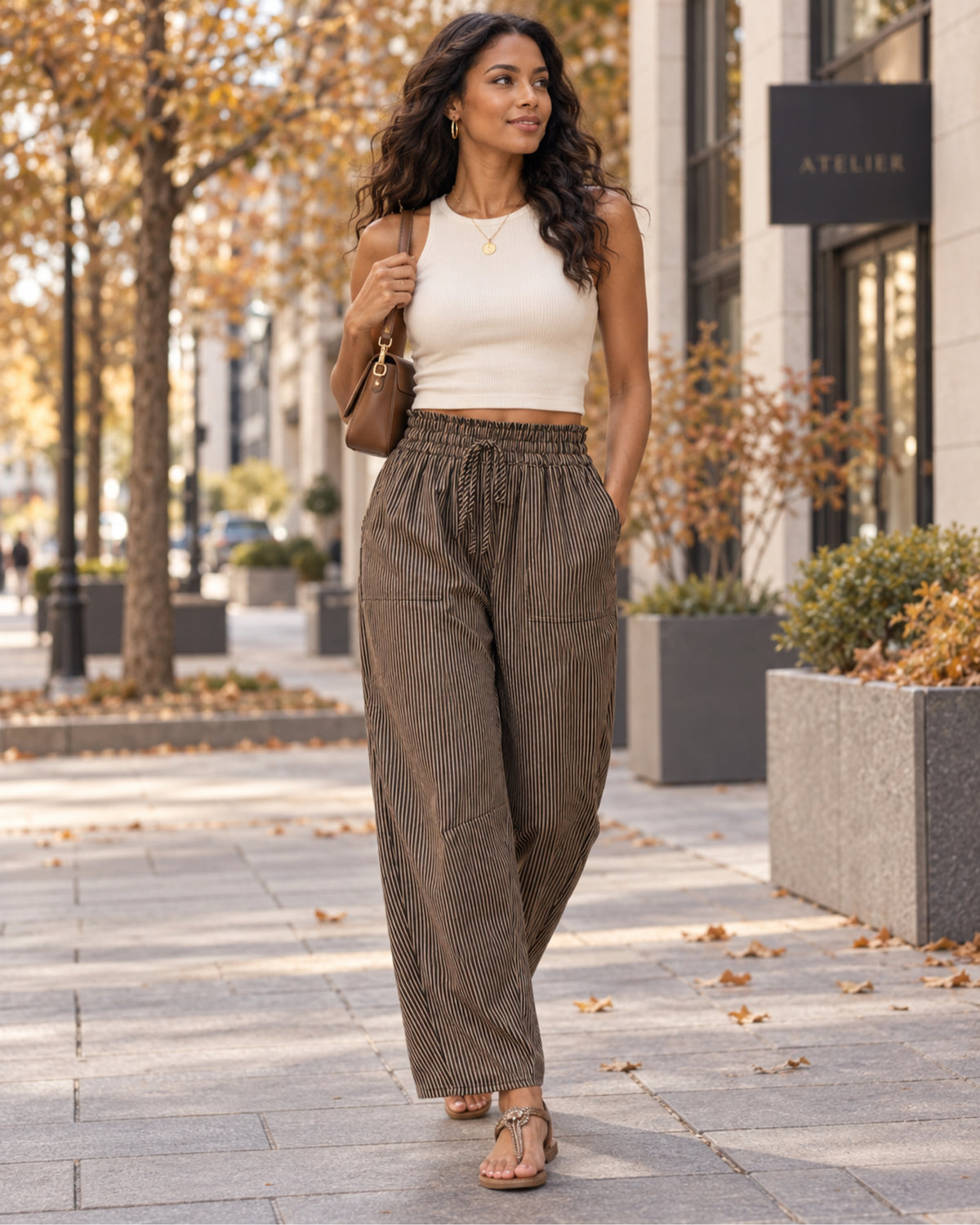 Sienna Women's Striped Wide-Leg Pants – Drawstring Waist Loose Casual Trousers