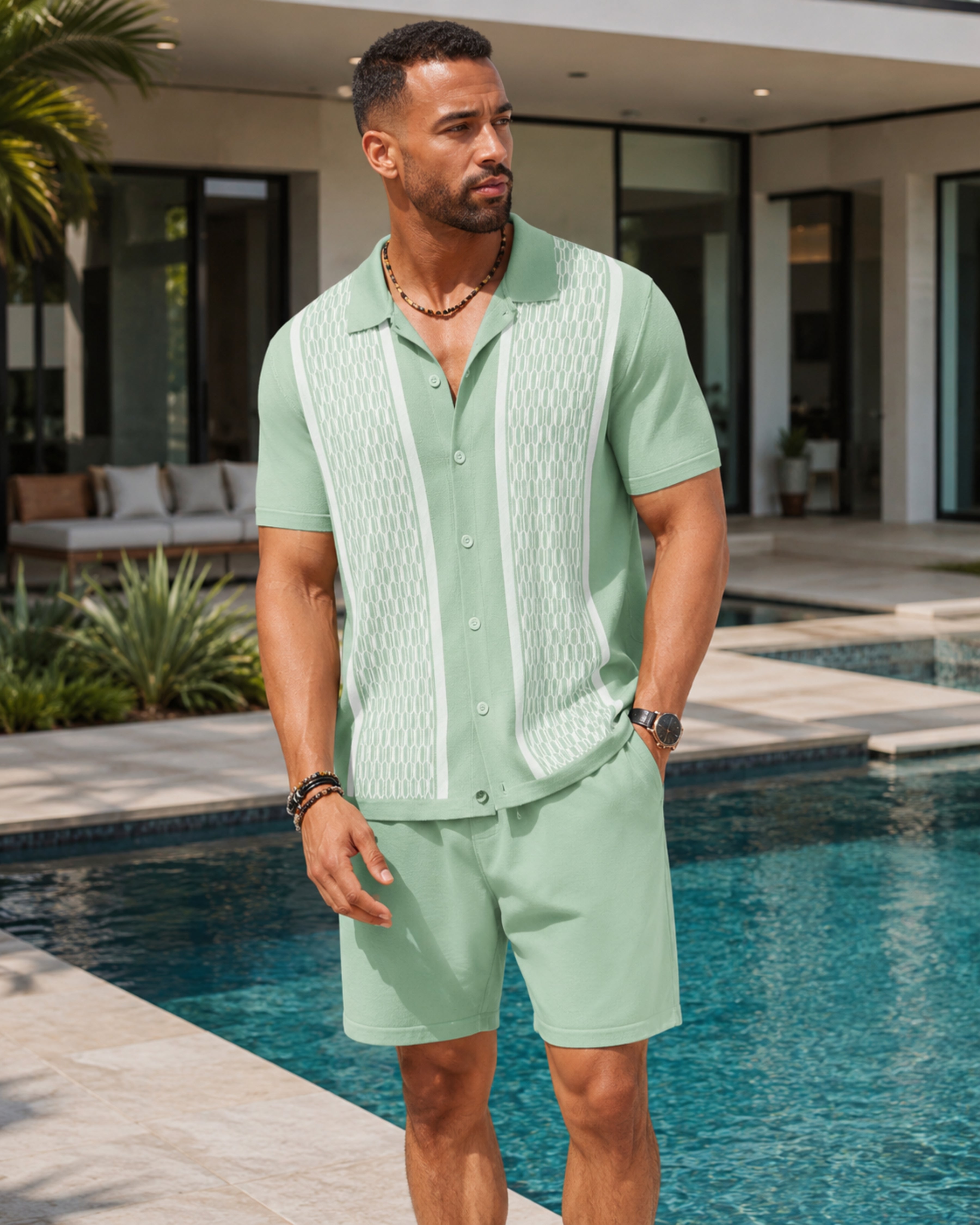 Finley Men's Knitted Polo & Shorts Set – Short Sleeve Contrast Summer Co-Ord