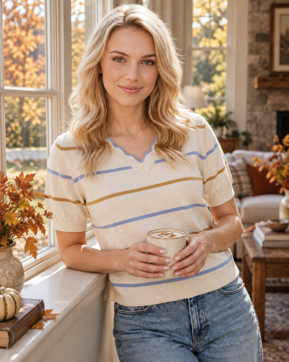 Willa Women's Striped Knit Top – V-Neck Short Sleeve Scalloped Summer Casual Shirt