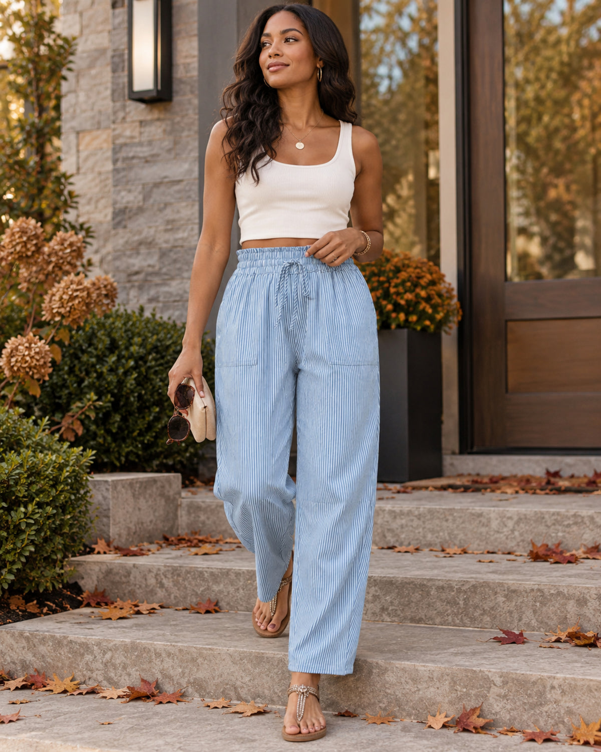 Sienna Women's Striped Wide-Leg Pants – Drawstring Waist Loose Casual Trousers