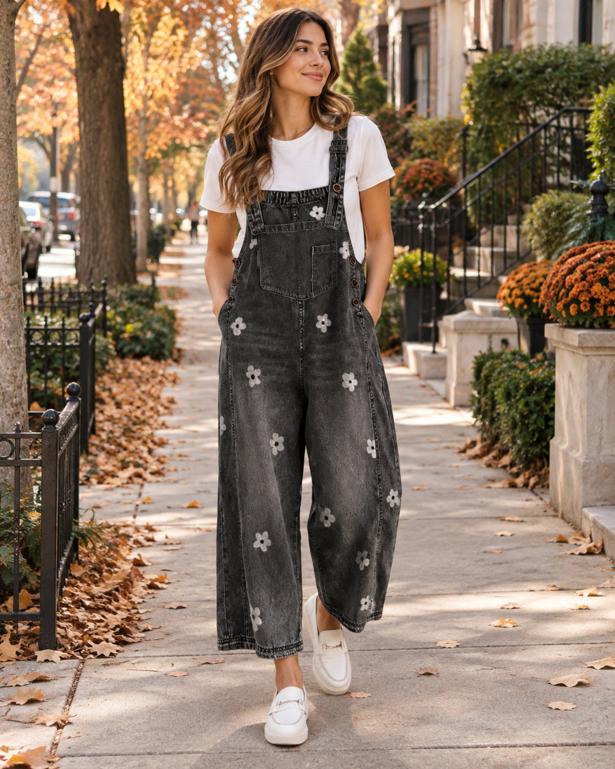Elara Floral Denim Overalls – Wide Leg Jumpsuit with Adjustable Straps & Pockets