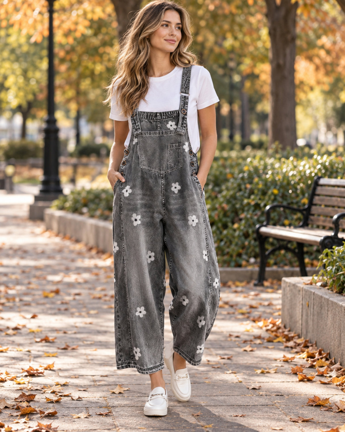 Elara Floral Denim Overalls – Wide Leg Jumpsuit with Adjustable Straps & Pockets