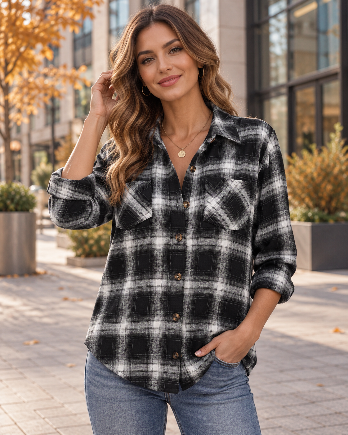 Ximena Women's Oversized Plaid Shirt Jacket – Long Sleeve Button Front Casual Shacket