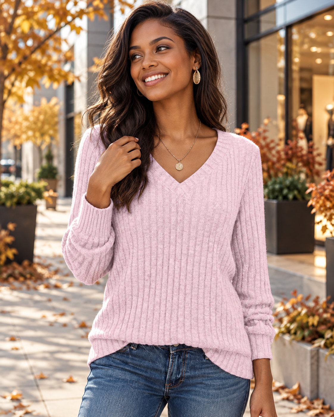 Yara Women's Ribbed V-Neck Knit Sweater – Long Sleeve Relaxed Fit Casual Pullover