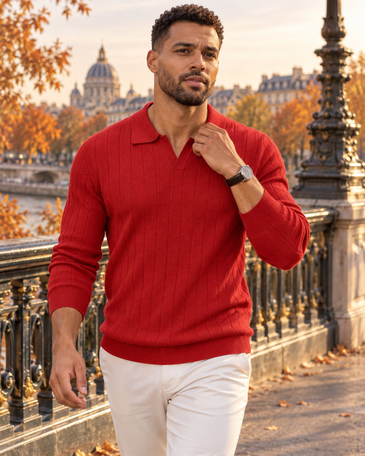 Rafael Men's Ribbed Knit Polo Sweater – Long Sleeve Open Collar Smart Casual Pullover