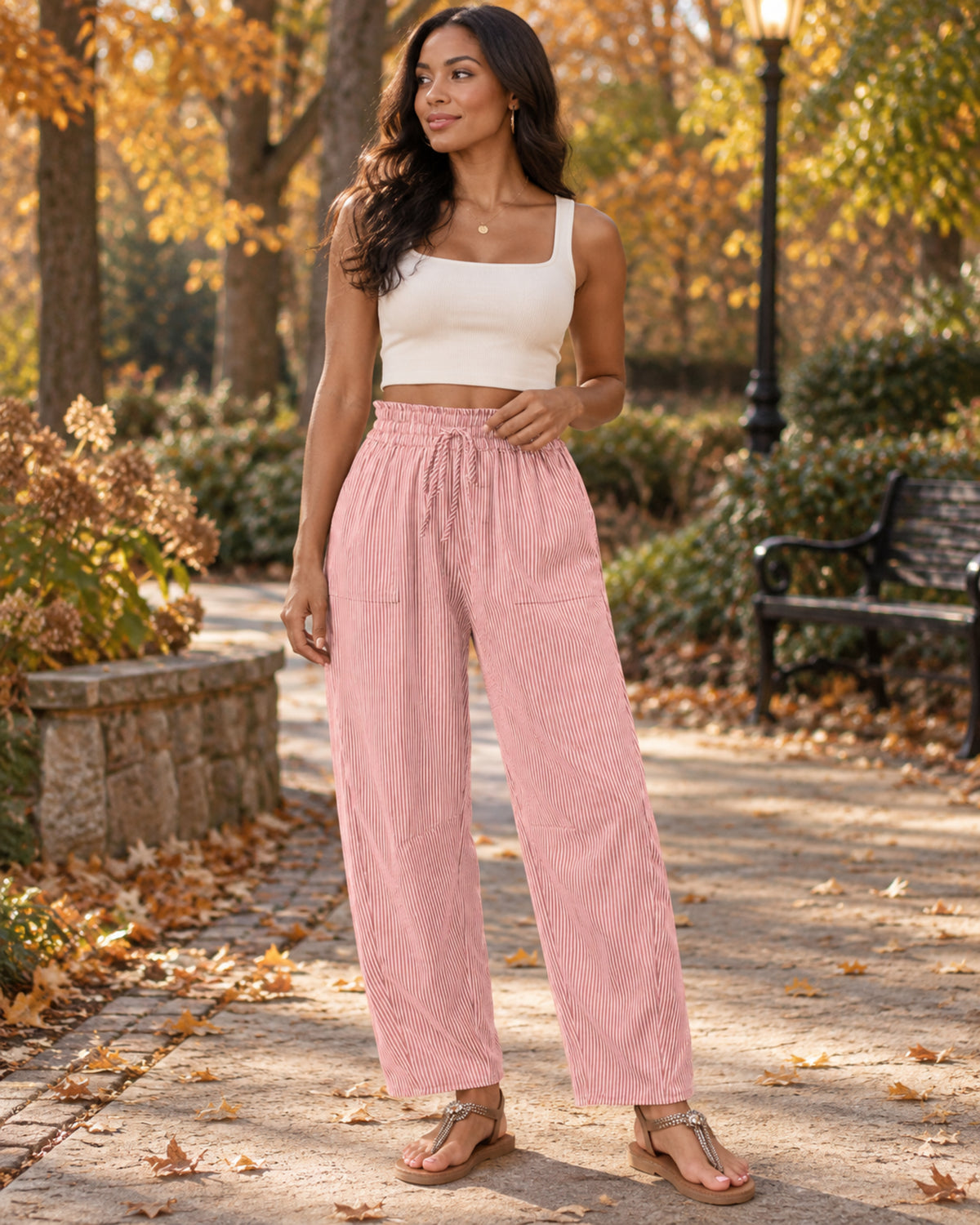 Sienna Women's Striped Wide-Leg Pants – Drawstring Waist Loose Casual Trousers