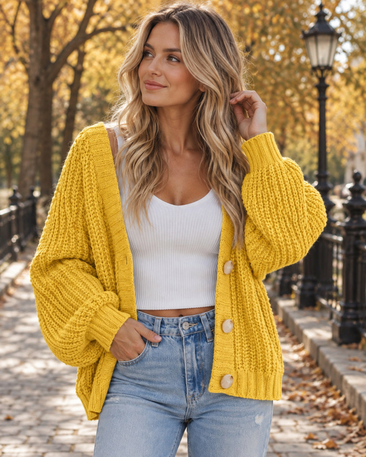 Rina Women's Chunky Knit Cardigan – V-Neck Button Front Long Sleeve Relaxed Fit