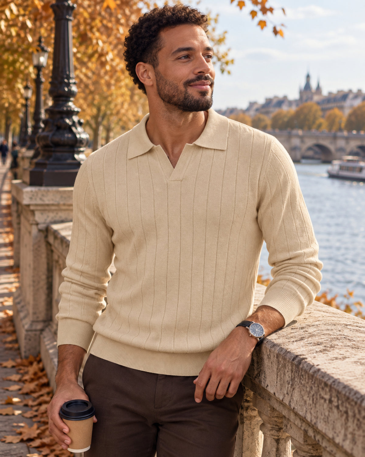 Rafael Men's Ribbed Knit Polo Sweater – Long Sleeve Open Collar Smart Casual Pullover