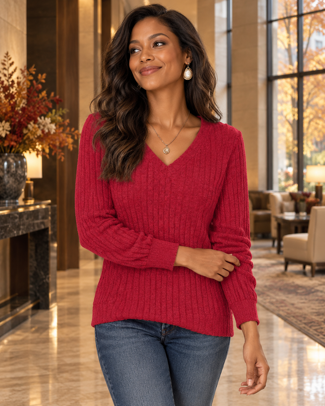 Yara Women's Ribbed V-Neck Knit Sweater – Long Sleeve Relaxed Fit Casual Pullover