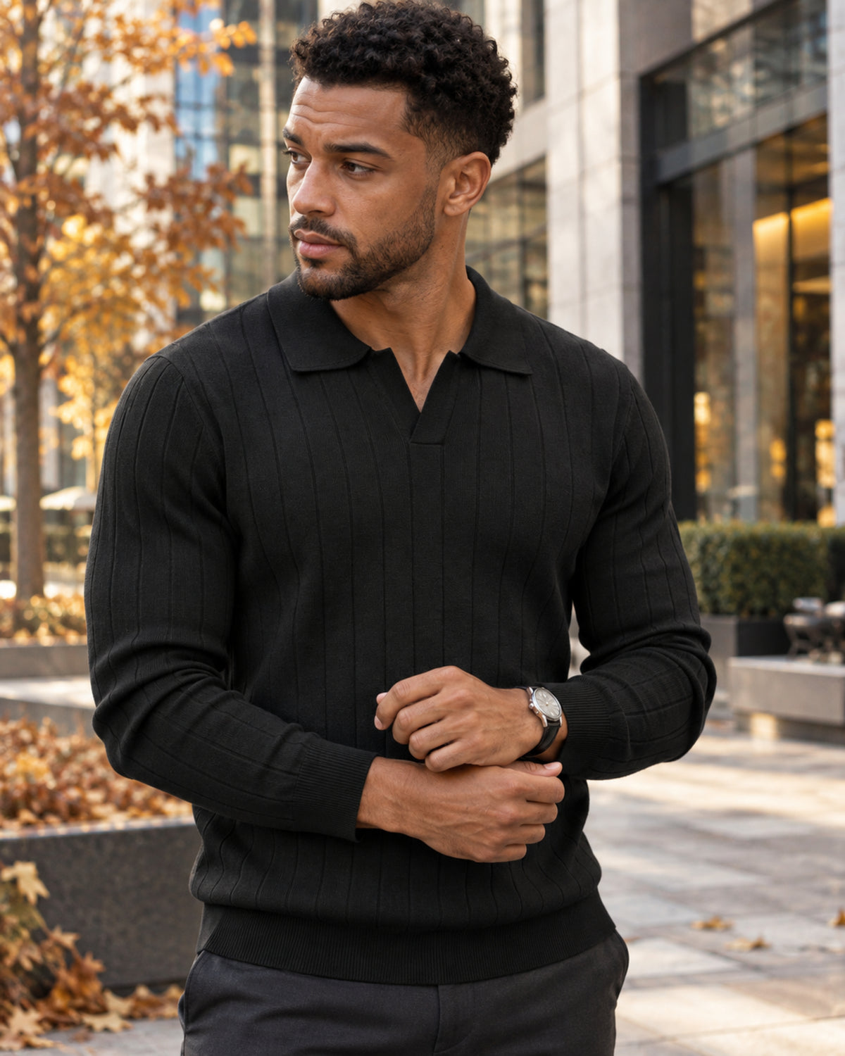 Rafael Men's Ribbed Knit Polo Sweater – Long Sleeve Open Collar Smart Casual Pullover