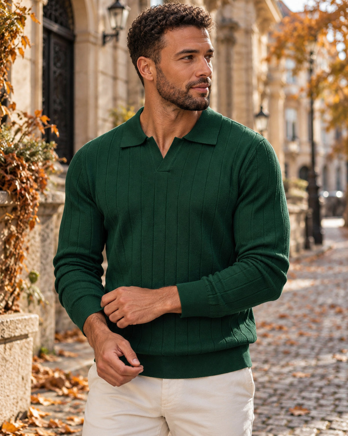 Rafael Men's Ribbed Knit Polo Sweater – Long Sleeve Open Collar Smart Casual Pullover
