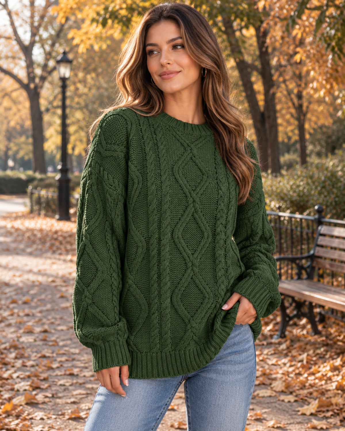 Freya Oversized Cable Knit Sweater – Crew Neck Long Sleeve Cotton Blend Pullover