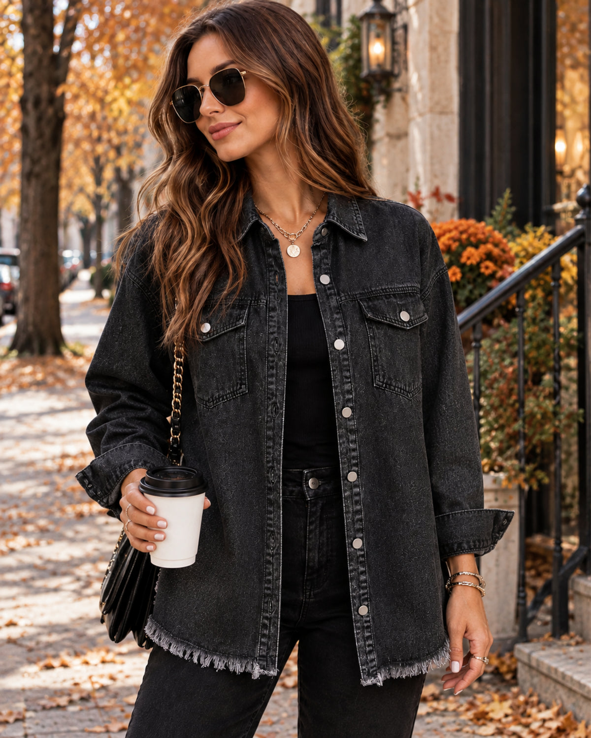 Gianna Oversized Distressed Denim Jacket – Long Sleeve Button Front Boyfriend Fit