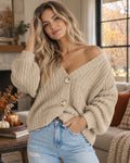Rina Women's Chunky Knit Cardigan – V-Neck Button Front Long Sleeve Relaxed Fit